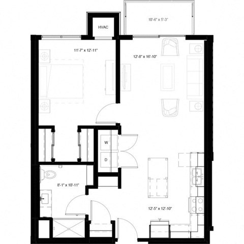 Floor plan for 1 bed, 1 bath, 813 sqft
